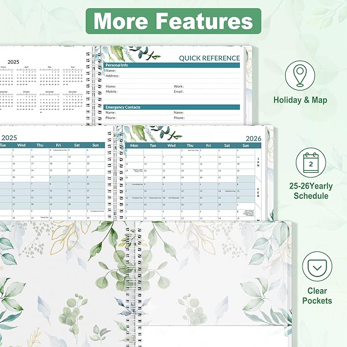 SUNEE Academic Planner 2025-2026 Weekly and Monthly, July 2025-June 2026, 8.5"x11", Tabs, Note Pages, Pockets, Bookmark, Flexible Cover, Spiral Binding, Greenery