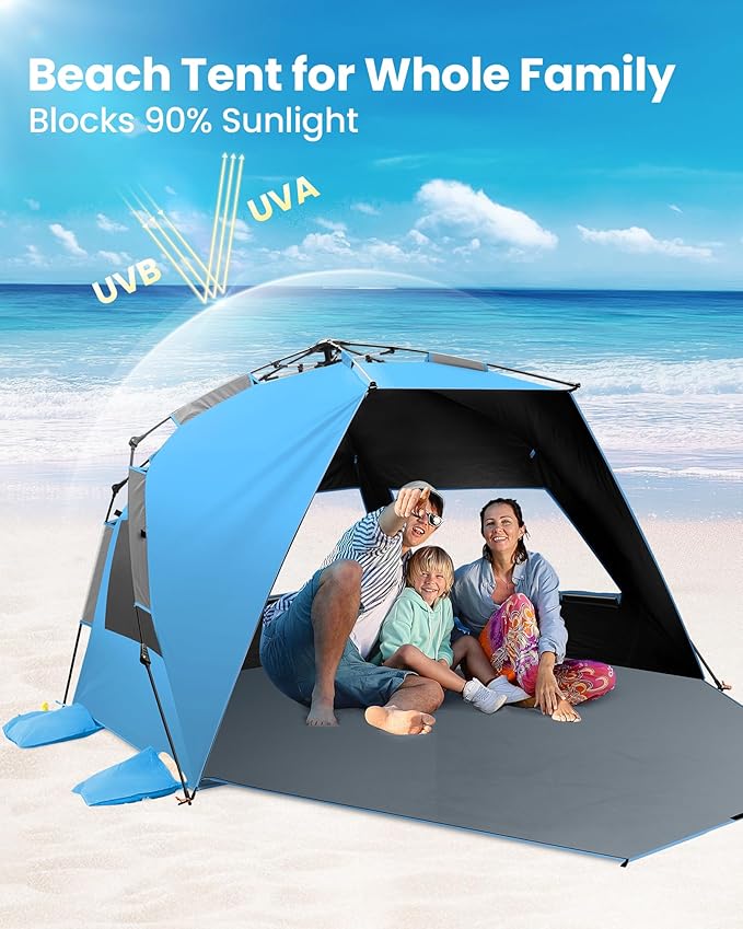 OutdoorMaster Beach Tent with Blackout Shelter Technology, Portable Beach Shade Sun Shelter Canopy for 4-6 Person with UPF 50+ UV Protection, Easy Setup Pop Up Tent Family Size