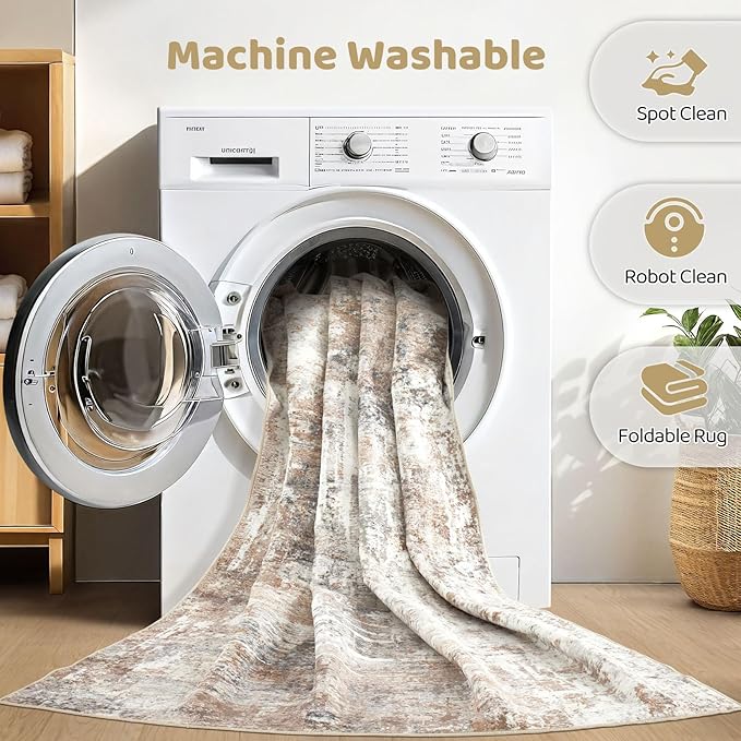 10x14 Area Rugs Living Room: Washable Large Abstract Modern Soft Rug Stain Resistant Indoor Floor Non Slip Accent Carpet for Bedroom Nursery Playroom Office Dining Room Dorm Home House- Brown