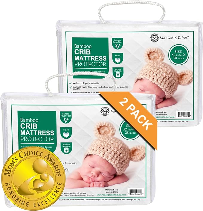 Crib Mattress Protector Pad 2 Pack - Ultra-Soft Waterproof Breathable Premium Bamboo Rayon - Noiseless Fitted Dryer Safe Cover for Crib. High Absorbency Oeko-TEX Certified MARGAUX & MAY