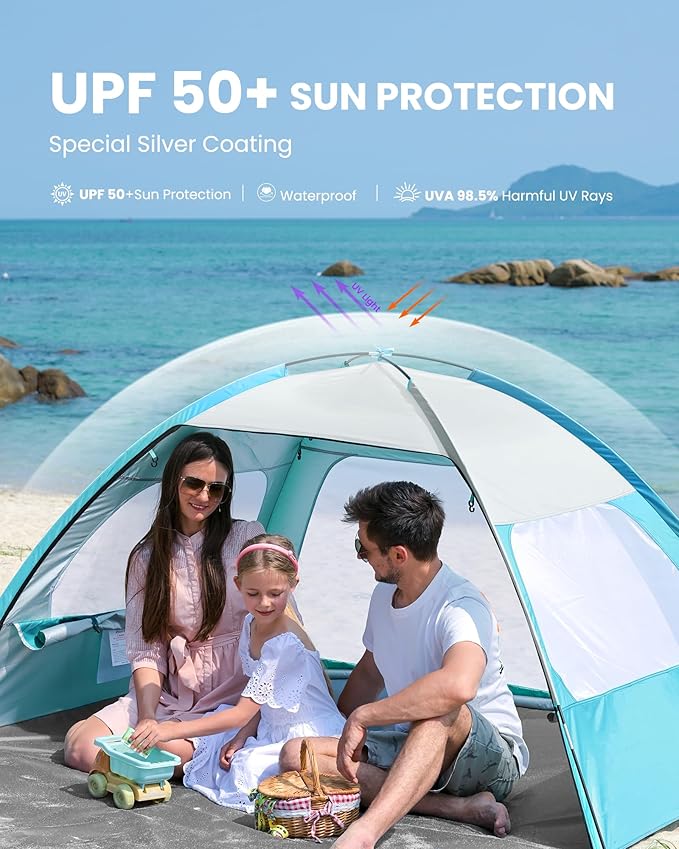 OutdoorMaster Beach Tent for 3/4 Person - Easy Setup Sun Shade Shelter, Portable Beach Shade Sun Canopy with UPF 50+ UV Protection, Removable Skylight Family Size