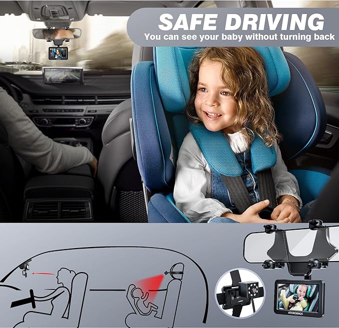 Baby Mirror for Car, ATOROBROS Baby Car Camera for Rear-Facing Seat with 4.3'' HD Display, Upgrade 360° Rearview Mirror Display Bracket, Easy and Safe to See Baby while Driving