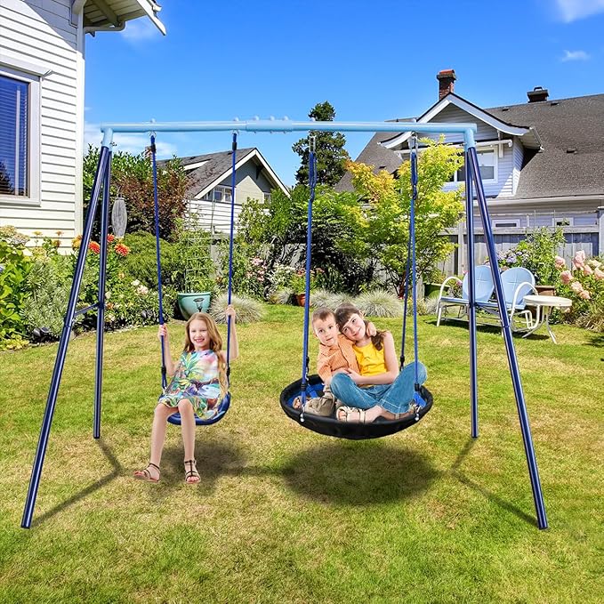 2 Seat Swing Set for Backyard - Metal A-Frame Holds 440 lbs, 1 Adjustable Saucer Swing and 1 u-Shape Swing - Suitable for Kids 3-8 Years