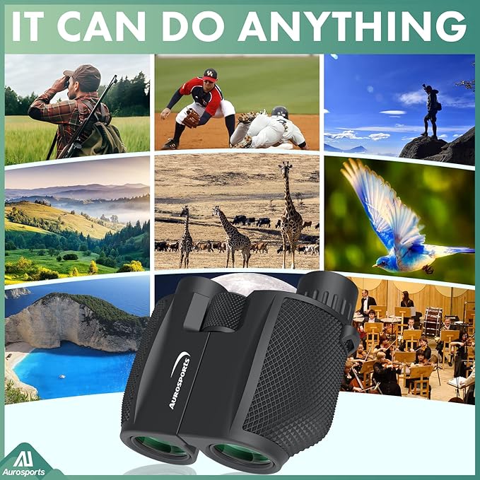 Aurosports 10x25 Binoculars for Adults and Kids, Large View Compact Binoculars with Low Light Vision, Easy Focus Small Binocular for Bird Watching Outdoor Travel Sightseeing Concert Hunting Hiking