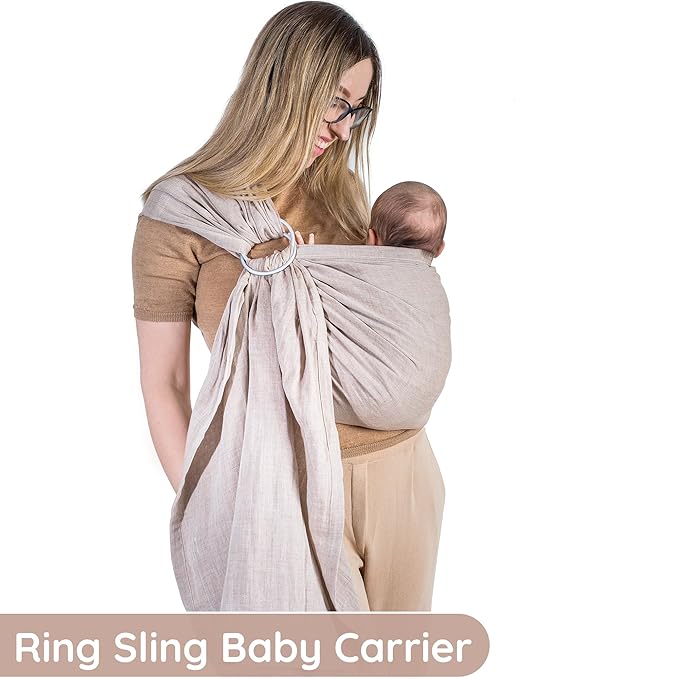 Baby Sling Carrier – Breathable 100% Cotton Wrap for Infant Support, Ring Sling Baby Carrier – Adjustable Muslin Fabric, Soft Chest Hold for Travel (Sand)