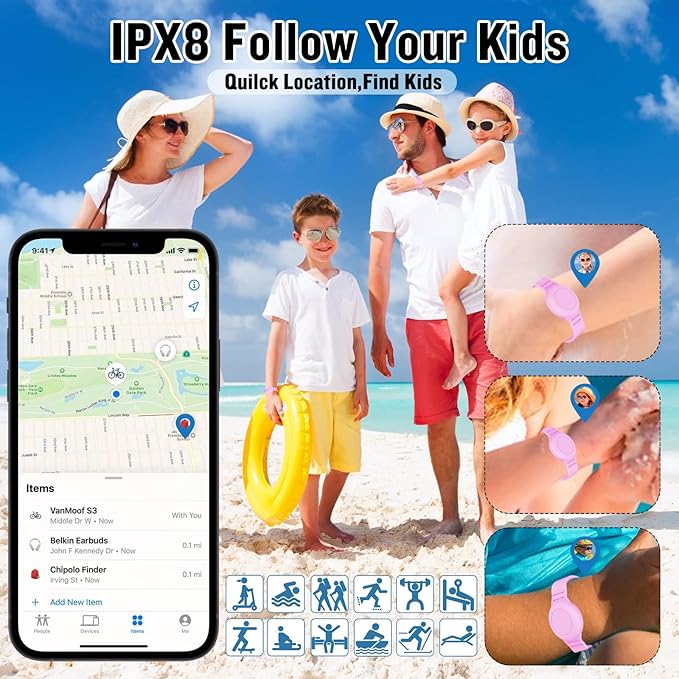 2 Pack Waterproof AirTag Bracelet for Kids, Hidden Silicone Wristband for AirTag, GPS Tracker Case for Air Tag Holder Strap Band for Child Toddler, Secure Anti-Loss Protection(Pink Purple)