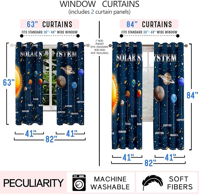 Solar System Curtain Panels - 2Pcs 95% Blackout Outer Space Curtains for Boys Bedroom Grommet Room Darkening Galaxy Planets Themed Curtains for Living Room, 82" x 84"
