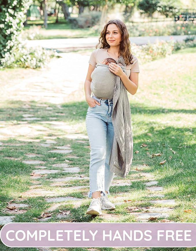 Ring Sling Baby Carrier – Breathable 100% Cotton Wrap for Infant Support, Baby Ring Sling – Grey Adjustable Muslin Fabric