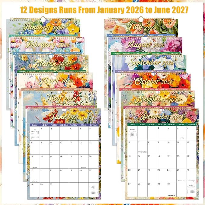 Wall Calendar 2026-2027, 18 Month Calendar from January 2026 to June 2027 14.5" x 11.8" Large Desk Calendar with Twin-Wire Binding for Home Office Planning Personal Organisers, Oil Painting Style