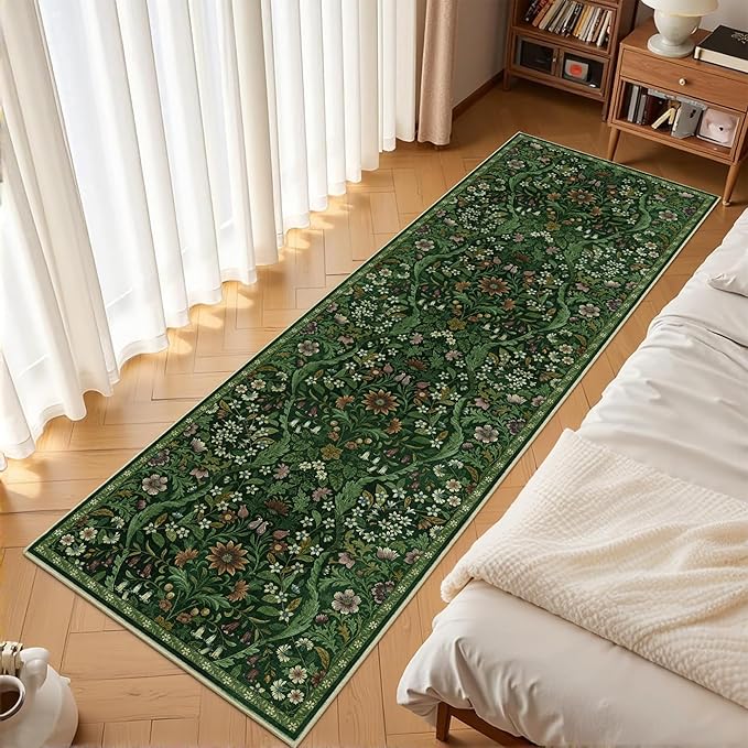 2x6 Washable Runner Rug,Dark Green Floral Boho Area Rug for Hallway,Low-Pile Non-Slip Stain Resistant Carpet for Kitchen, Bedside,Laundry Room,Entryway