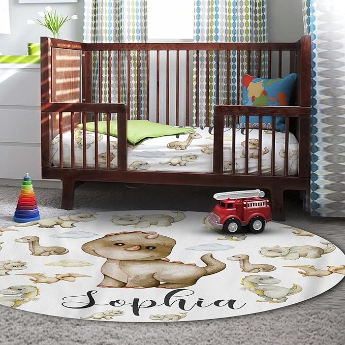 Personalized Baby Crib Bedding Set, 5-Piece Cute Dinosaur Baby Crib Sets with Custom Name, Toddler Double Layer Blanket Fitted Sheets Changing Pad Cover Rug Wall Art Set, Charming Nursery Decor