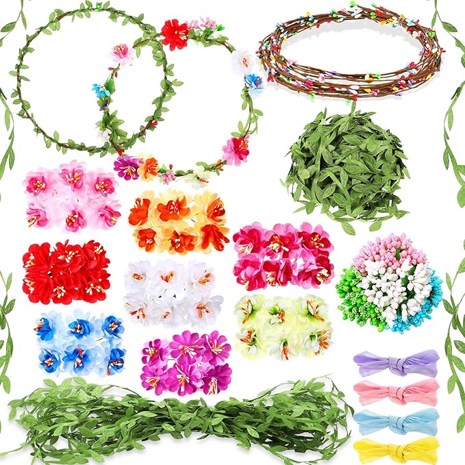 Syhood Mini Plum Blossom Crowns Making Kit, 120 Pcs Parts, Make Your Own Flower Wreath Headbands and Bracelets Craft Kit Hair Accessories Handmade DIY Floral Crown Garland Presents