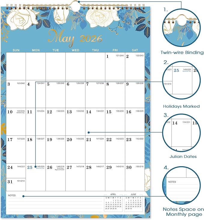Calendar 2026 - Wall Calendar 2026, 12 x 17 In, Jan. 2026 - Dec. 2026, 12 Months Calendar 2026, Twin-Wire Binding, Hanging Hook, Thick Paper, Unruled Blocks, Julian Dates