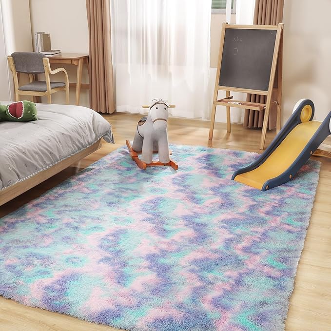 Rainbow Rug for Girls Room, 4x6 Fluffy Area Rugs for Bedroom, Colorful Kids Rug Cute Anti-Skid Indoor Carpet for Nursery, Living Room, Playroom, Home Decor