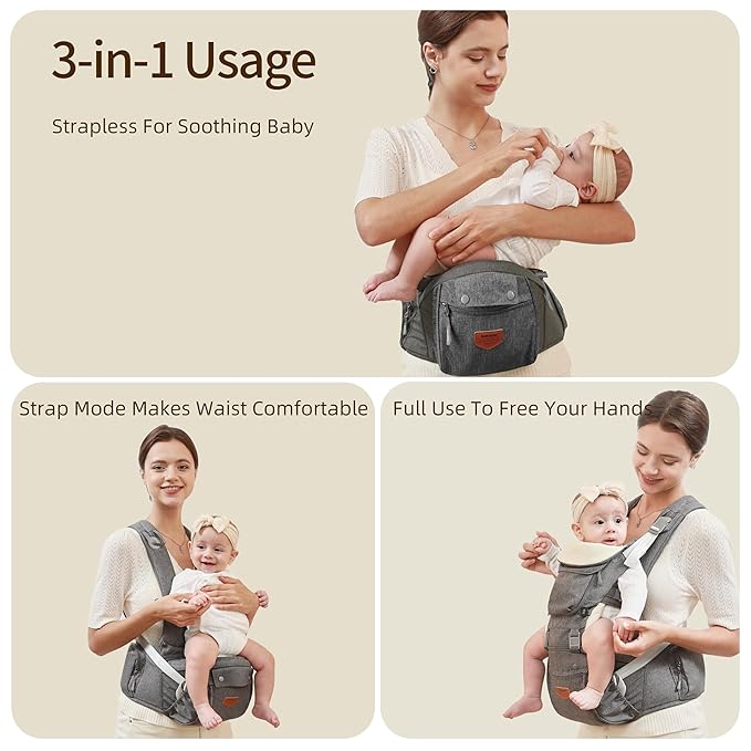 SUNVENO 3 in 1 Ergonomic Baby Carrier with Hip Seat for Newborns and Toddlers, Supports 20 lbs and Up, Waist and Back Relief with Large Weight Capacity for All Season Use, Grey
