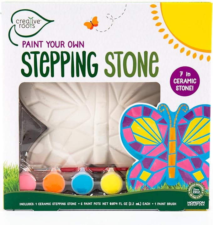 Creative Roots Mosaic Butterfly Stepping Stone Kit, Includes 7-Inch Ceramic Stepping Stone & 6 Vibrant Paints, Paint Your Own Stepping Stone, DIY Stepping Stone for Kids Ages 8+ White