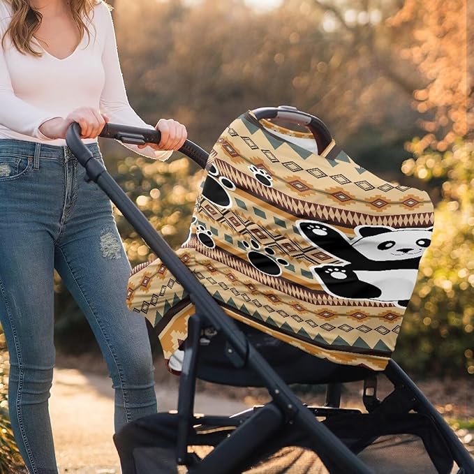 Binienty Breathable Car Seat Covers for Babies Newborns,Aztec Nation Panda Pattern Nursing Cover Breastfeeding Scarf Breathable Stroller Cover for Sun