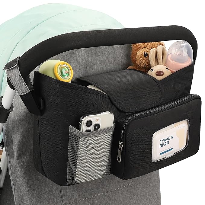 Accmor Universal Stroller Organizer with Insulated Cup Holder, Stroller Caddy Bag Accessories, Stroller Cup Holder Organizer for Uppababy Baby Jogger Britax Stroller, Black