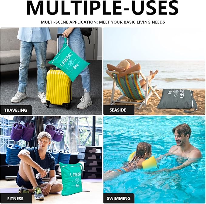 2 Pcs Large Travel Laundry Bags - Waterproof Wet/Dry, Washable, Drawstring, Bathing Suit, Workout, Gym Clothes, Swimming, Yoga - Green, Grey