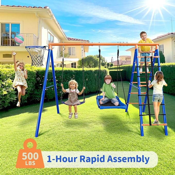 5-in-1 Heavy-Duty Metal Swing Set for Backyard - 500lb Capacity Outdoor Playset with Basketball Hoop & Climbing Rope