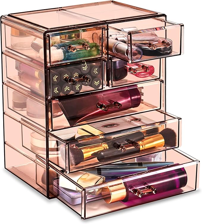 Sorbus Acrylic Clear Makeup Organizer - Big & Spacious Cosmetic Display Case - Stylish Designed Jewelry & Make Up Organizers and Storage for Vanity, Bathroom (4 Large, 2 Small Drawers) [Bronze Glow]