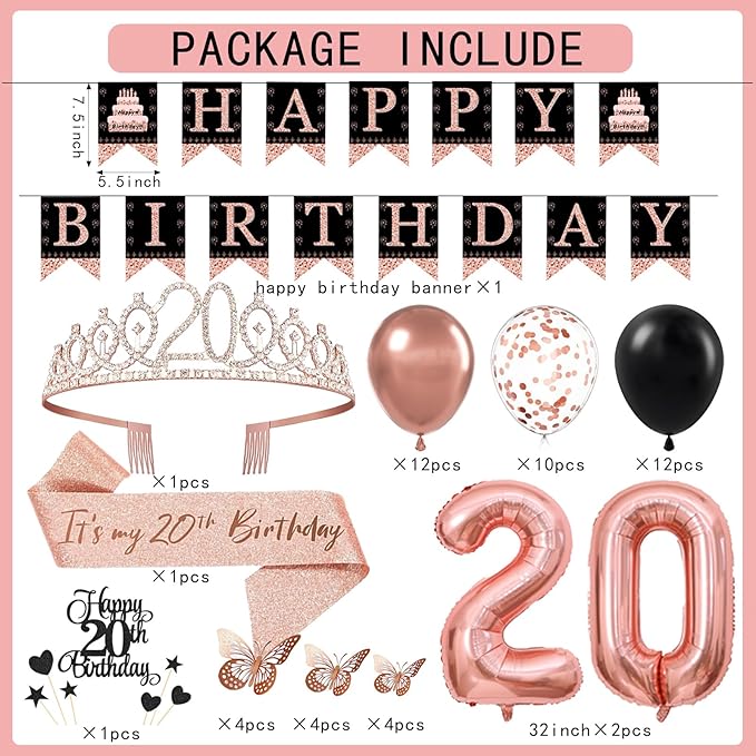 20th Birthday Decorations for Girls Women - 56pcs Rose Gold Happy 20th Banner, 20th Birthday Crown Sash, Cake Topper, Number 20 balloons, 3D Butterflies, 4 Balloon Stands kits