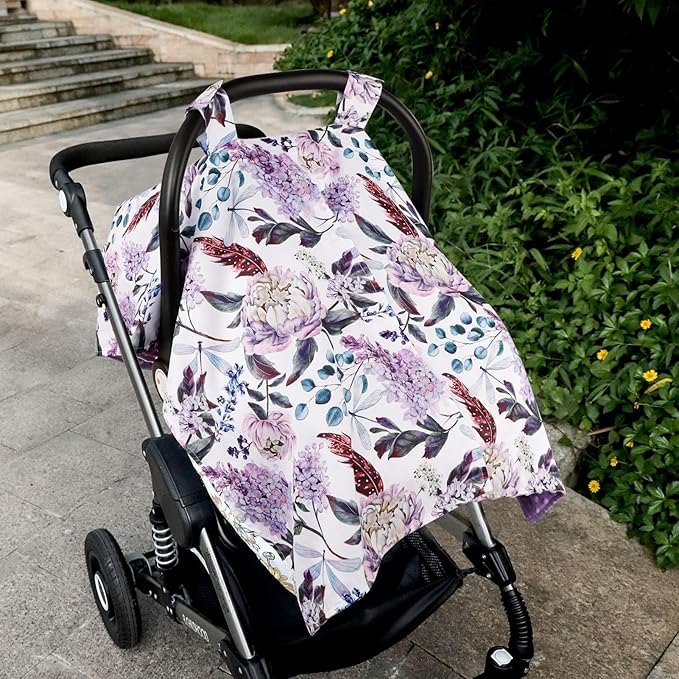 Car Seat Cover Baby, Infant Car Seat Canopy Covers for Newborn Girls Boys, Soft Breathable Mink Carseat Covers Stretchy Multi-Use Nursing Cover for Stroller Baby Car Seat, Purple Flroal