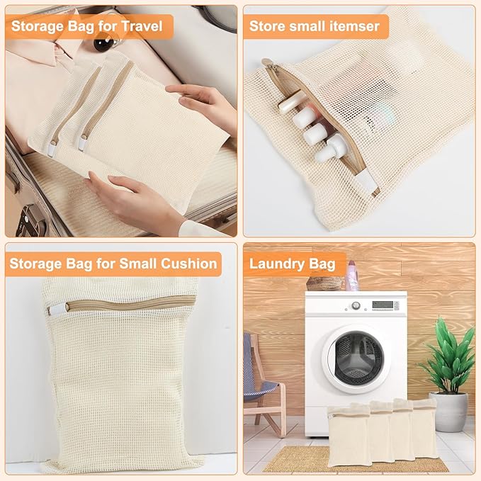 4 Piece Small, Durable Organic Cotton Mesh Laundry Bag with Strong Zipper and Breathable Mesh, Delicate Laundry Bag for Underwear, Clothes, Pants and Socks