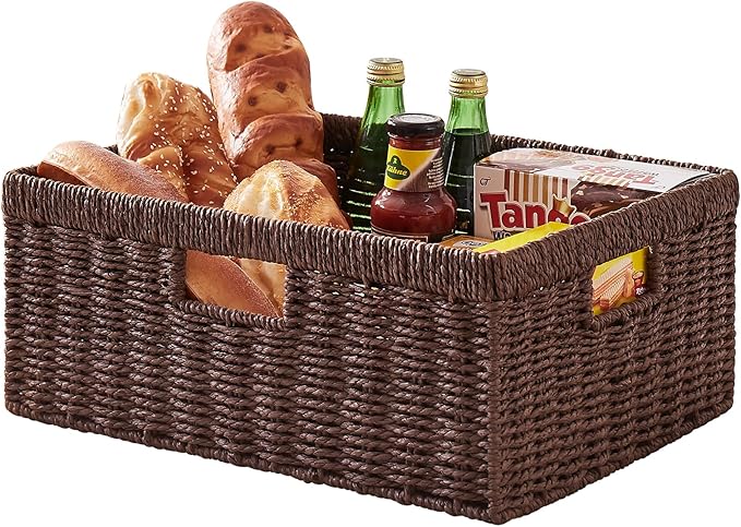 OIAHOMY Wicker Basket, Paper Shelf Basket with Built-in Handles, Rectangular Wicker Storage Bin for Pantry, Shelves, 1 Pack-Brown