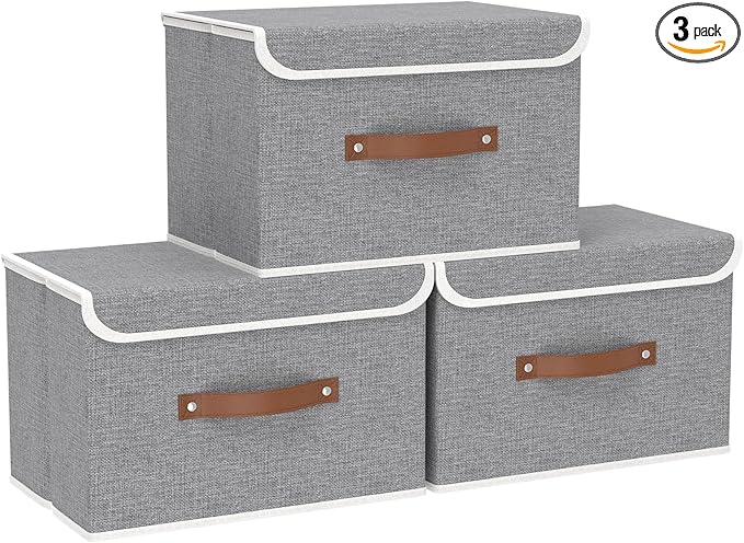 Yawinhe Storage Bins with Lids, Closet Baskets, Washable and Leather Handle, Collapsible Boxes for Home, Grey, 17.7''Lx11.8''Wx11.8''H, 3-Pack, USNK024GX-3