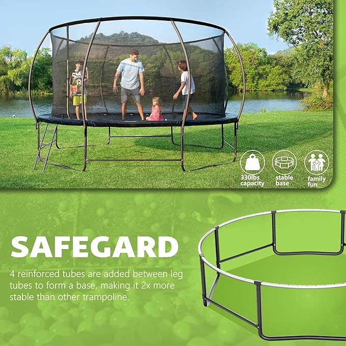 14FT 12FT 10FT 16FT Trampoline with Safety Enclosure, Anti-Rust Coating – ASTM Certified, Heavy-Duty Outdoor Trampoline with Ladder – for Kids & Adults