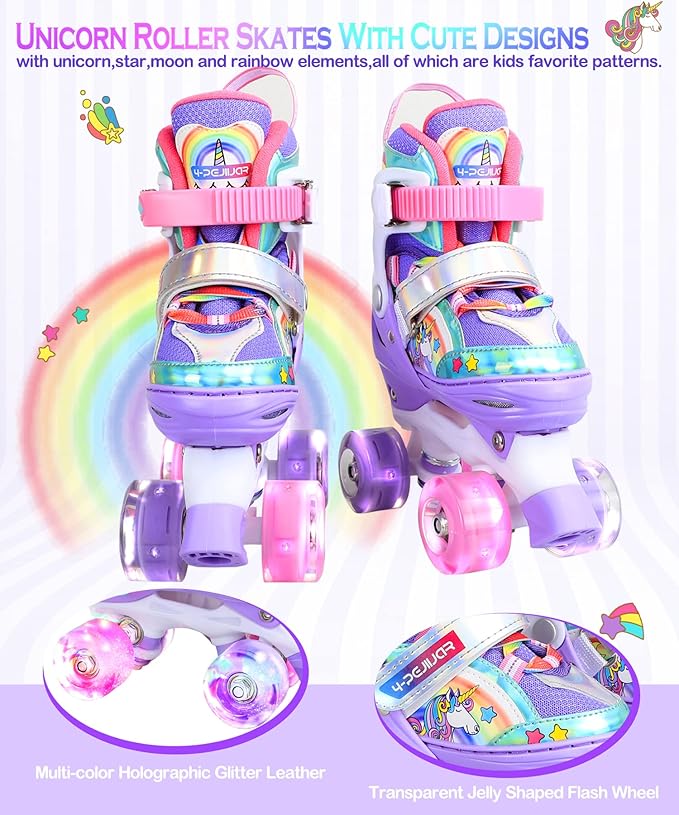 4-Pejiijar Rainbow Unicorn Kids Roller Skates for Girls Toddler Ages 2-4 5-8 8-12,Adjustable Roller Shoes with Luminous Wheels for Birthday Xmas Gifts