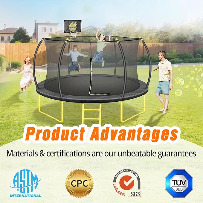 10FT 12FT 14FT 16FT Pumpkin Trampoline for Kids Adults, ASTM Approved Outdoor Recreational Trampoline with Basketball Hoop, Enclosure Net, Yellow