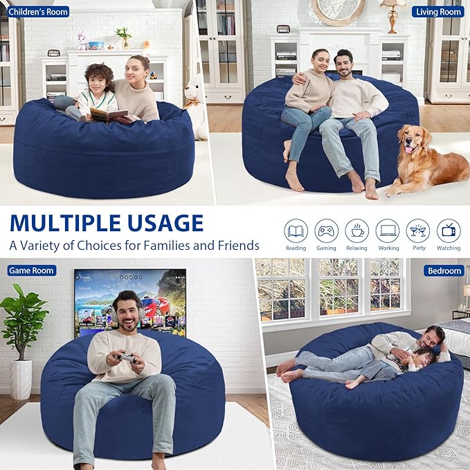 4FT Bean Bag Chair, Large Bean Bag Chairs with Memory Foam Filled, Fluffy Beanbag Sofa with Dutch Velvet Cover, Round BeanBag Chairs for Living Room, Playroom - Blue