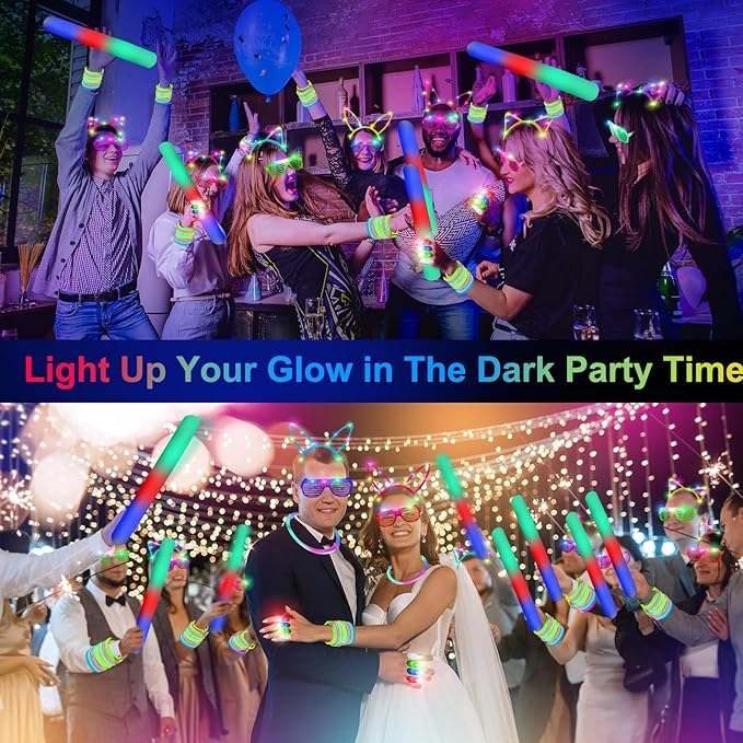 282 PCS Glow in the Dark Party Supplies, 18 Foam Sticks, 18 LED Glasses, 200 Glow Sticks, 30 Finger Lights, 8 Bunny Ear Headband and 8 LED Cat Ear Headband for Wedding,Birthday,Concert,New Year