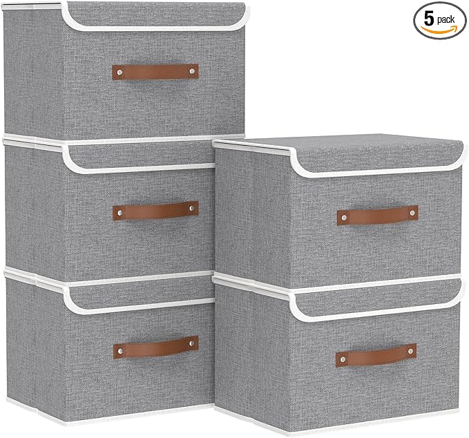 Yawinhe Storage Bins with Lids, Closet Baskets, Washable and Leather Handle, Collapsible Boxes for Home, Grey, 17.7''Lx11.8''Wx11.8''H, 5-Pack, USNK024GX-5