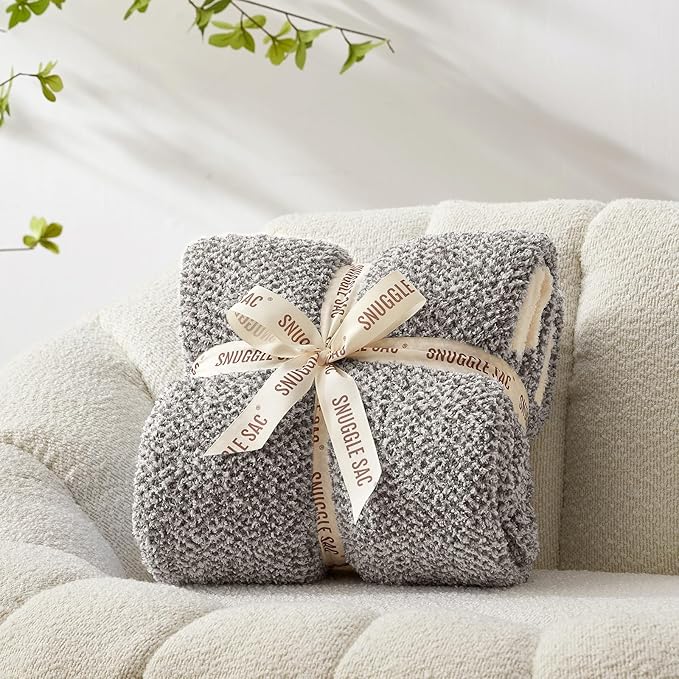 Snuggle Sac Grey Blankets Twin Size for Bed and Sofa, Reversible Super Soft Blankets Warm Cozy Knit Blankets Fuzzy Plush Blanket, Grey, 60x80 inches