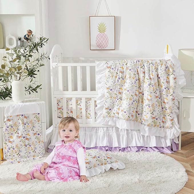 Brandream Wildflower Butterfly Crib Bedding Sets for Girls Nursery Set 3-Piece Farmhouse Quilt Comforter Set, Baby or Toddler Fitted Sheet, Double Crib Skirt, Cotton