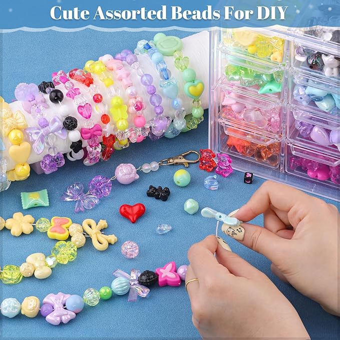 Assorted 400PCS 8 Colors Mixed Acrylic Beads for Bracelet Making, Flower Bow Butterfly GummyBear Aesthetic Bracelet Charms,Cute Beads for Jewelry Making DIY Necklace Keychain Phone Charm