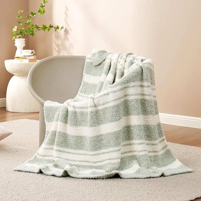 Snuggle Sac Stripe Sage Green Throw Blanket for Couch, Super Soft Warm Blankets Cozy Knit Fuzzy Plush Lightweight Throws for Sofa, Bed,Living Room, Stripe Green, 50x60 inches