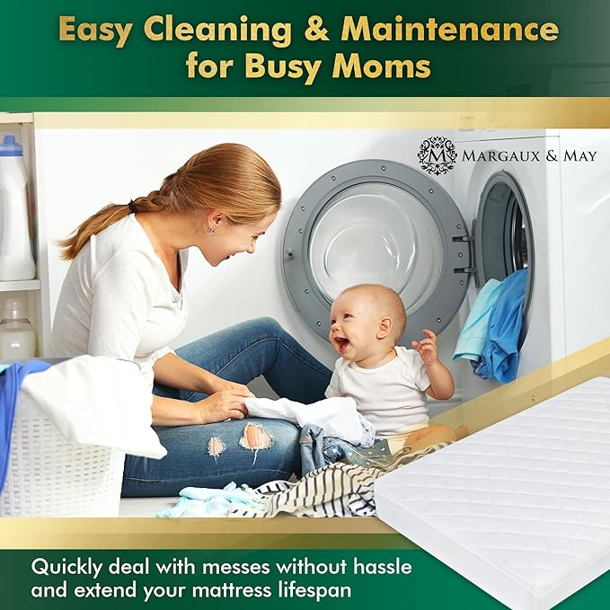 Crib Mattress Protector Pad - Ultra-Soft Waterproof Breathable Premium Bamboo Rayon - Noiseless Fitted Dryer Safe Cover. High Absorbency Oeko-TEX Certified (28 x 52 x 9 inches) MARGAUX & MAY