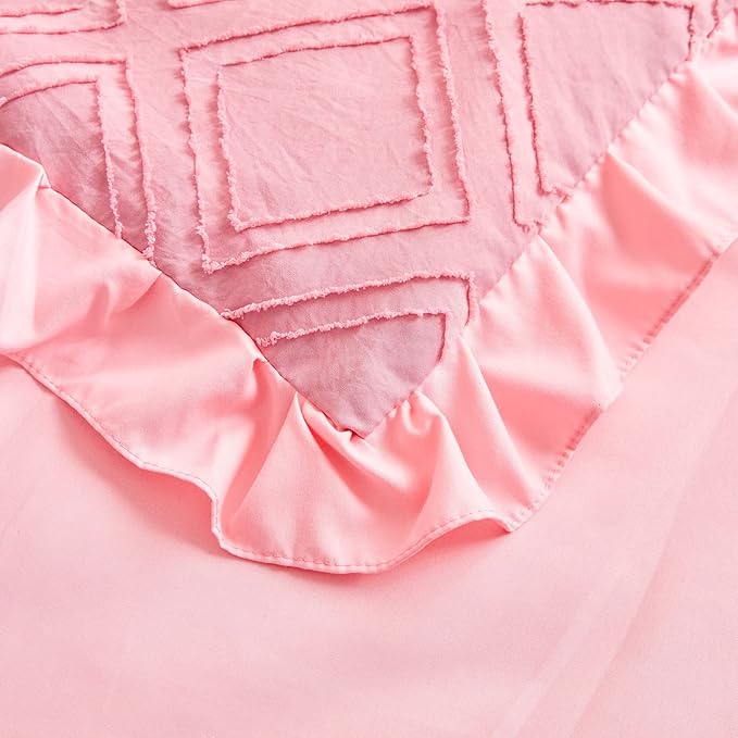 Tufted Ruffle Crib Bedding Set 3 Pieces Baby Boho Quilted Comforter with Fitted Sheet and Bed Skirt - Cute Ruffled Shabby Chic Baby Bedding Soft Blanket Design Pink