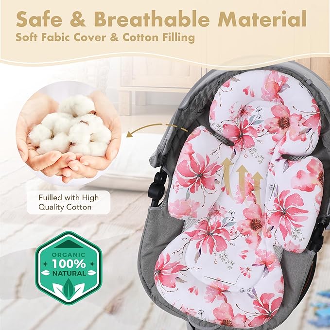 Infant Car Seat Insert, 2-in-1 Head & Body Carseat Support for Baby Newborn Toddler with Strap Covers, Reversible Ultra-Soft Cushion for Baby Carseat, Stroller, Swing & Bouncer