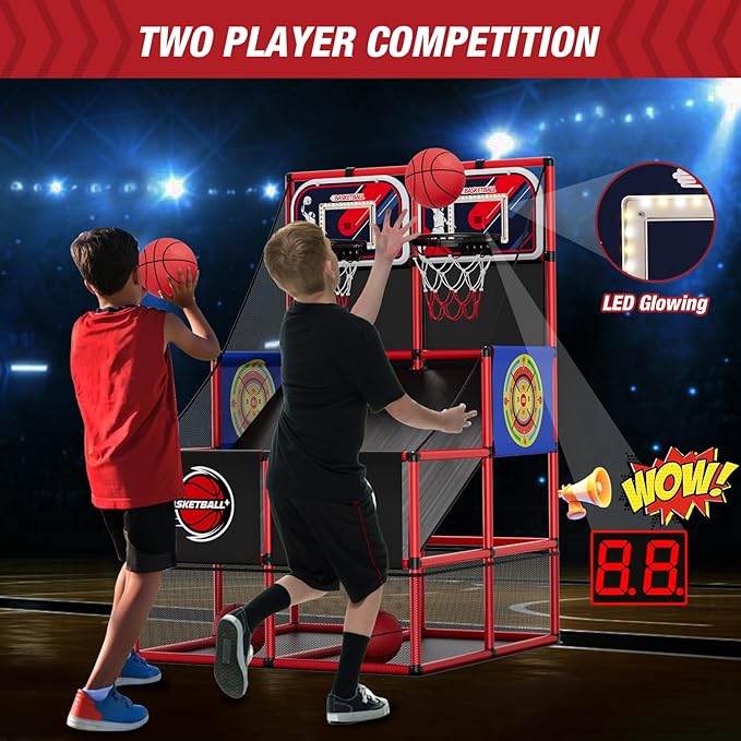 2 in 1 Dual Shot Basketball Arcade Game with 2 Dart Boards/Electronic Scoreboard/LED Light, Kids Basketball Hoop for Home Indoor Outdoor, Sport Toys Gifts for Boys Girls