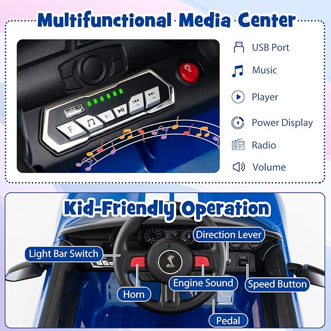 Costzon Ride on Car, 12V Licensed Ford Mustang Shelby GT500 Kids' Electric Vehicles w/Remote Control, USB Port, Radio, Music, Player, High Low Speed & Soft Start, Racing Kids Car for Toddler (Blue)