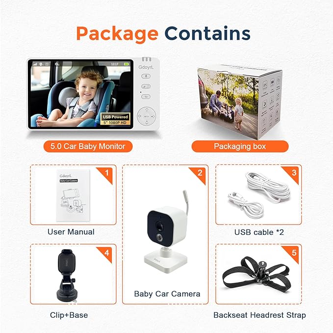 Wireless Baby Car Camera Monitor 5" HD 1080P IPS, 360° Rotating Camera with Auto/Manual Night Vision, 1000ft Range, Anti-Glare Display & USB Charging for Backseat, Home, Travel，Camping