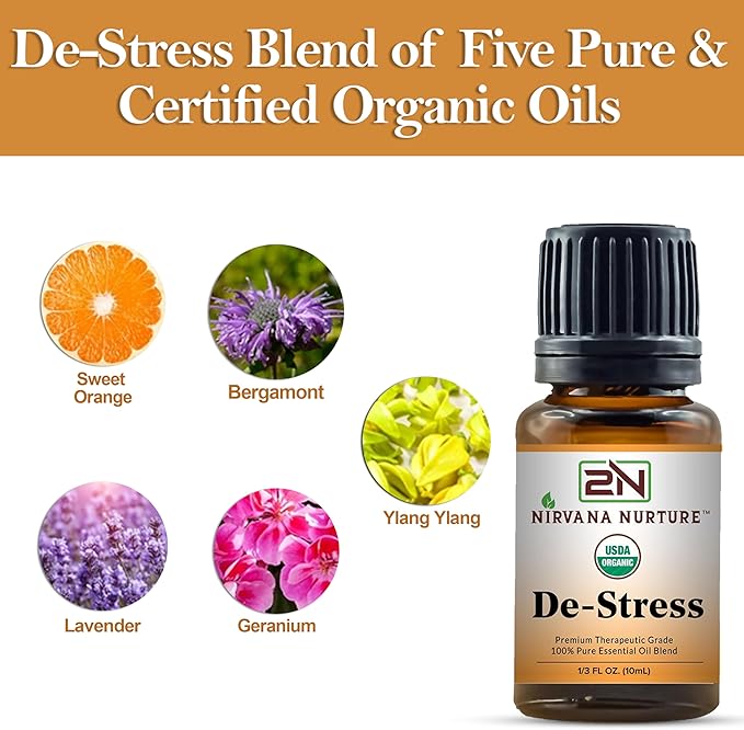 De Stress Blend USDA Organic, 100% Pure and Premium, Undiluted, Ease Stress, Aromatherapy, Mood Booster, Calm, Relax