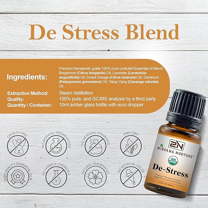 De Stress Blend USDA Organic, 100% Pure and Premium, Undiluted, Ease Stress, Aromatherapy, Mood Booster, Calm, Relax