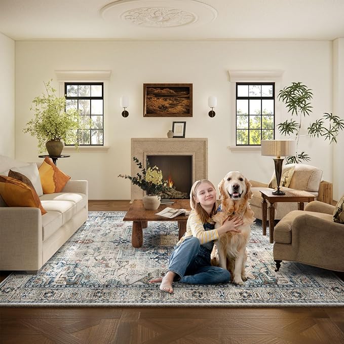 10x14 Area Rugs for Living Room: Washable Bedroom Rug Boho Vintage Rugs Stain Resistant Non Slip Low Pile Soft Lightweight Carpet for Kitchen Dining Room Farmhouse Nursery Kids Room Home Office