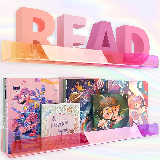 24 inches Iridescent Acrylic Bookshelf, Wall Mounted Display for Kids Room, Nursery, Toddler, Classroom (2 Packs)